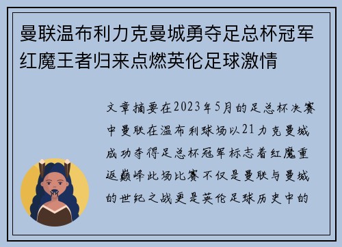 曼联温布利力克曼城勇夺足总杯冠军红魔王者归来点燃英伦足球激情