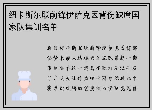 纽卡斯尔联前锋伊萨克因背伤缺席国家队集训名单 纽卡斯尔联前锋伊萨克因背伤缺席国家队集训名单